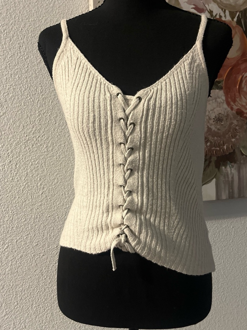 American Eagle Outfitters Cream Ribbed Lace-Up Cami